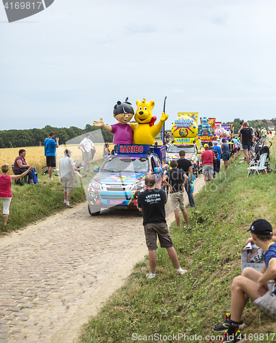 Image of Haribo Caravan on a Cobblestone Road- Tour de France 2015