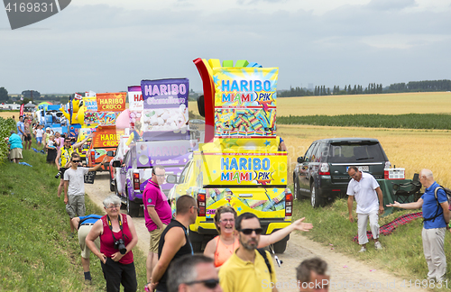 Image of Haribo Caravan on a Cobblestone Road- Tour de France 2015