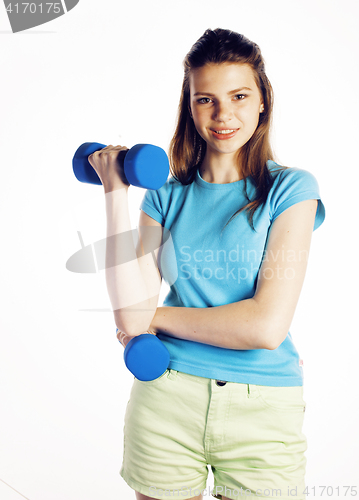 Image of young pretty slim woman with dumbbell isolated cheerful smiling, real sport girl next door, lifestyle people concept
