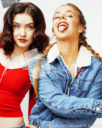 Image of best friends teenage girls together having fun, posing emotional on white background, besties happy smiling, lifestyle people concept 