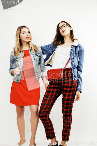 Image of best friends teenage girls together having fun, posing emotional on white background, besties happy smiling, lifestyle people concept