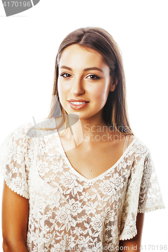 Image of young beauty woman smiling dreaming isolated on white close up e