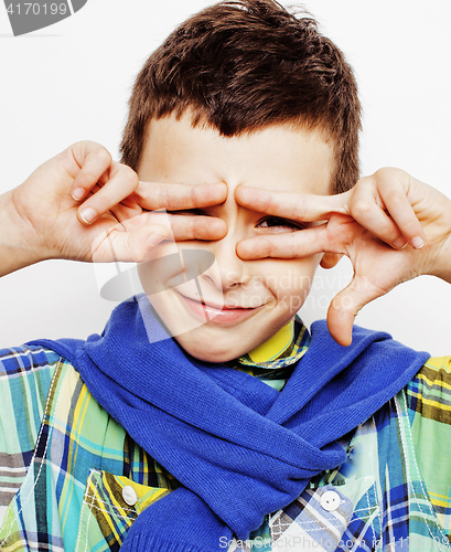 Image of young pretty little cute boy kid wondering, posing emotional face isolated on white background, gesture happy smiling close up, lifestyle people concept