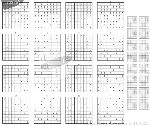 Image of 16 different sudokus with solutions