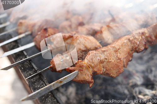 Image of Grilling marinated shashlik on a grill. Shish kebab popular in Eastern, Central Europe and other places. 