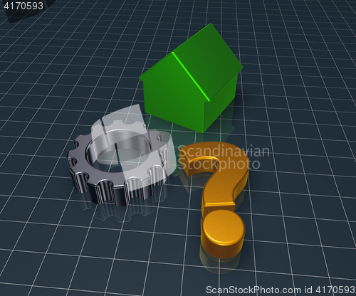 Image of house model, question mark and gear wheel - 3d rendering