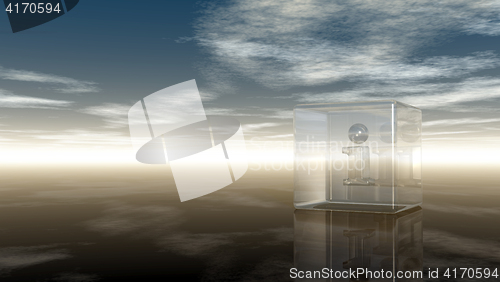 Image of glass cube with letter i under cloudy sky - 3d illustration