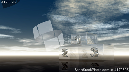 Image of glass winner podium under cloudy sky - 3d illustration