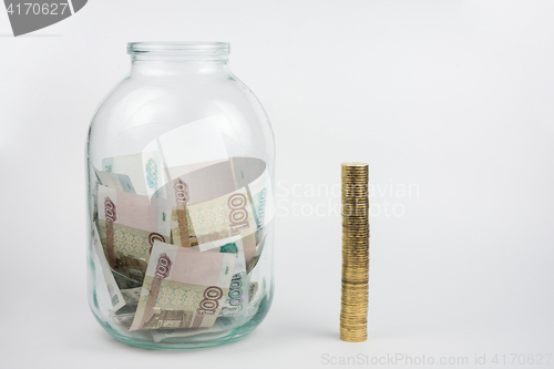 Image of Near full of Russian money is three-liter jar stack of coins