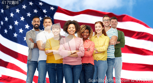 Image of international group of people over american flag