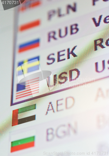 Image of digital display with currency exchange rates