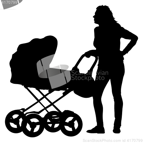 Image of Black silhouettes Family with pram on white background. illustration