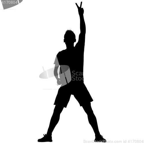 Image of Silhouette man with his hand raised in the form of the letter V. illustration
