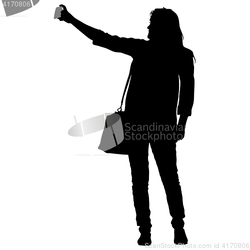 Image of Silhouettes woman taking selfie with smartphone on white background. illustration