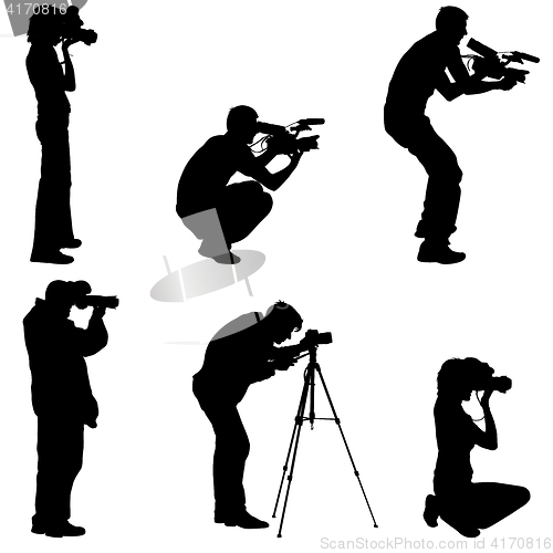 Image of Set cameraman with video camera. Silhouettes on white background. illustration