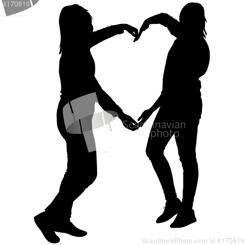 Image of Silhouette two girls holding hands in heart shape, illustration