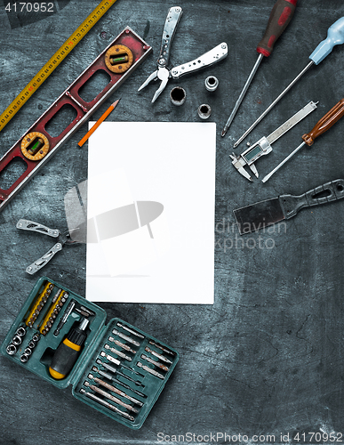 Image of The set of construction tools on wooden table