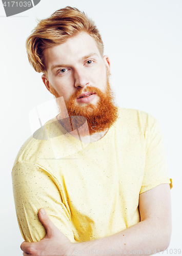 Image of young handsome hipster ginger bearded guy looking brutal isolated on white background, lifestyle people concept 