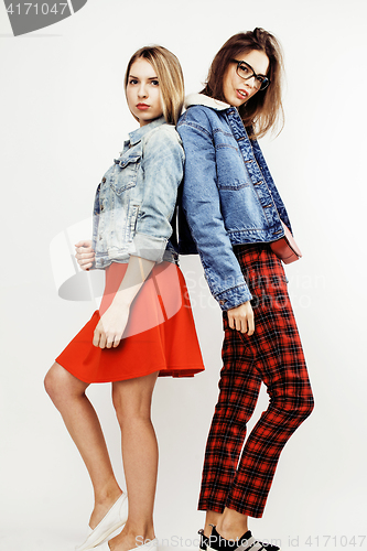 Image of best friends teenage girls together having fun, posing emotional on white background, besties happy smiling, lifestyle people concept