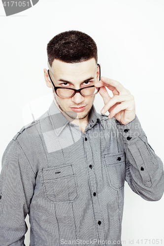 Image of young handsome well-groomed guy posing emotional on white background, lifestyle people concept