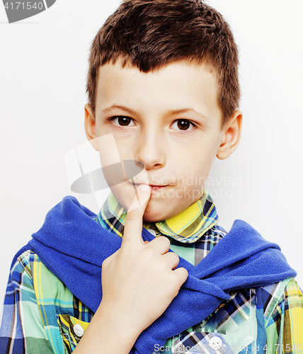 Image of young pretty little cute boy kid wondering, posing emotional face isolated on white background, gesture happy smiling close up, lifestyle people concept