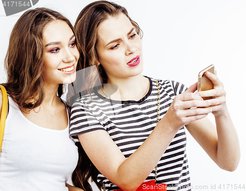 Image of best friends teenage girls together having fun, posing emotional on white background, besties happy smiling, lifestyle people concept 