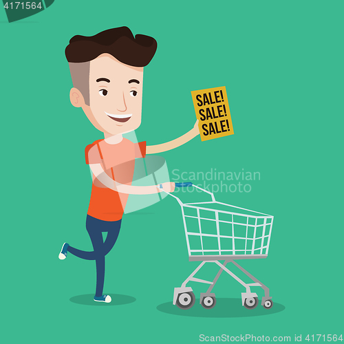 Image of Man running in hurry to the store on sale.