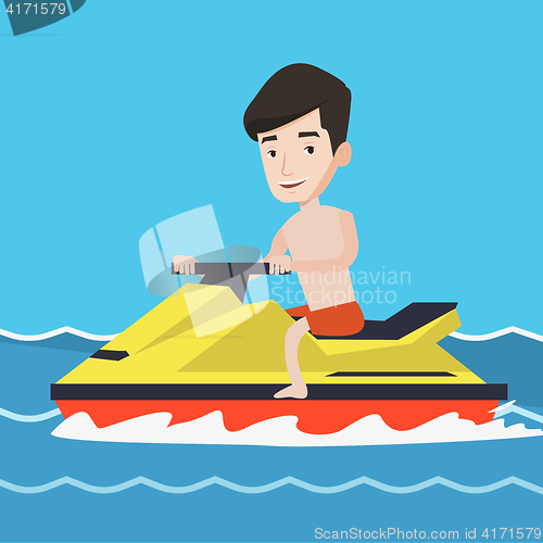 Image of Caucasian man training on jet ski in the sea.