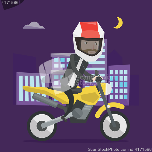 Image of Man riding motorcycle at night vector illustration