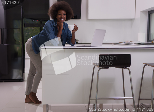 Image of smiling black woman in modern kitchen