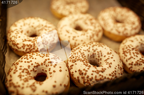 Image of close up of donuts at bakery or grocery store