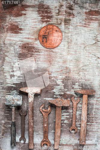 Image of The set of construction tools on wooden table