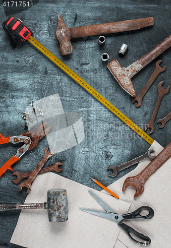 Image of The set of construction tools on wooden table