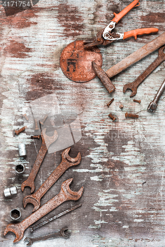 Image of The set of construction tools on wooden table