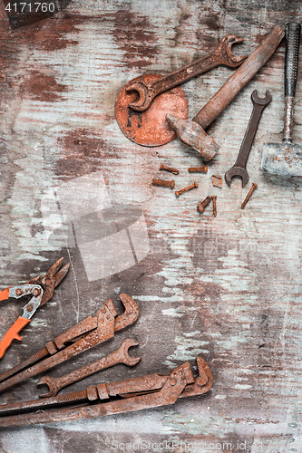 Image of The set of construction tools on wooden table