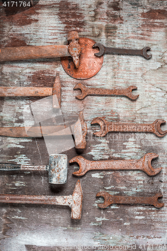 Image of The set of construction tools on wooden table