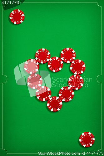 Image of The poker chips on green background