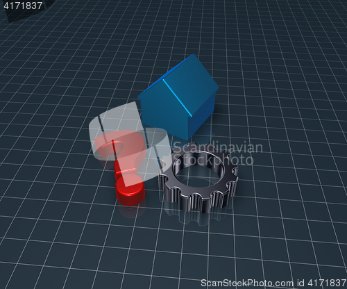 Image of house model, question mark and gear wheel - 3d rendering