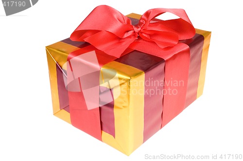 Image of Present with red ribbon isolated on white background