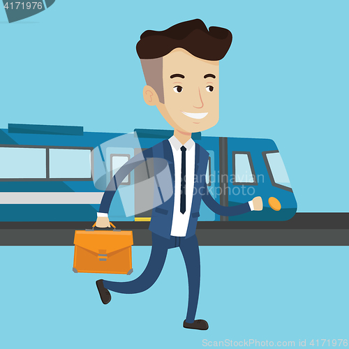 Image of Businessman at train station vector illustration.