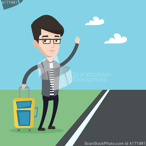 Image of Young man hitchhiking vector illustration.