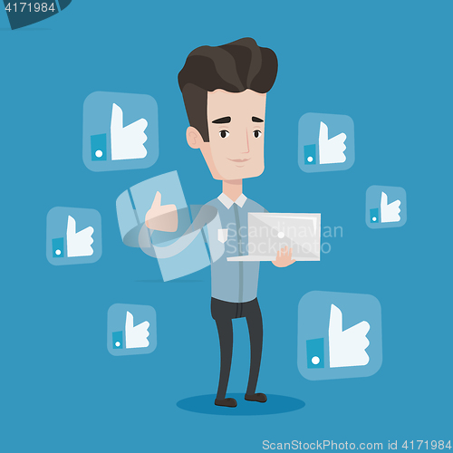 Image of Man with thumb up and like social network buttons.
