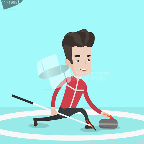 Image of Curling player playing curling on curling rink.