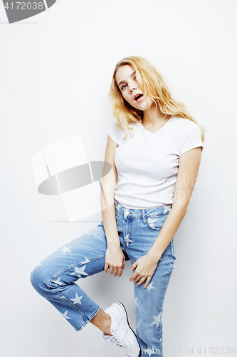 Image of young pretty blond teenage girl emotional posing, happy smiling isolated on white background, lifestyle people concept 