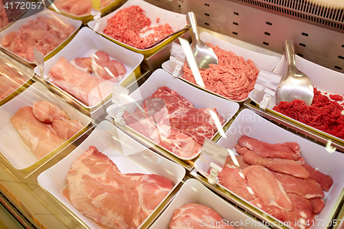 Image of meat in bowls at grocery stall