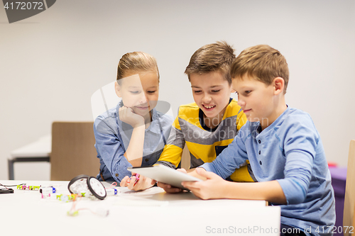 Image of kids with tablet pc programming at robotics school