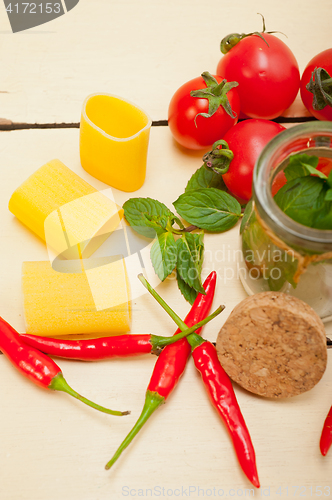 Image of Italian pasta paccheri with tomato mint and chili pepper