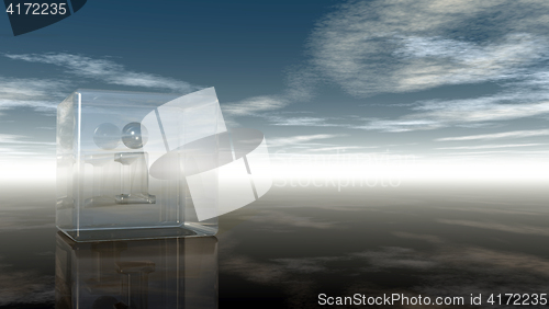 Image of glass cube with letter i under cloudy sky - 3d illustration