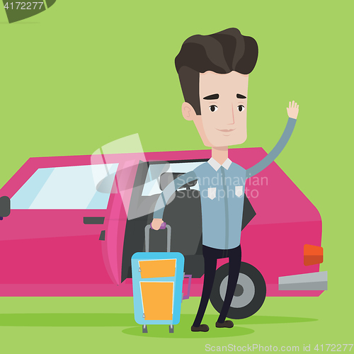 Image of Caucasian man traveling by car vector illustration