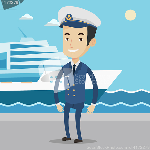 Image of Smiling ship captain in uniform at the port.